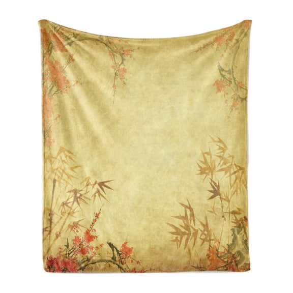 Bamboo Print Soft Flannel Fleece Throw Blanket, Bamboo Stems and Blooming Flower Antique Grunge Background Oriental, Cozy Plush for Indoor and Outdoor Use, 60" x 80", Mustard Vermilion, by Ambesonne