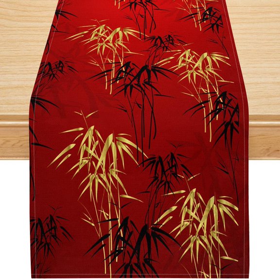 Bamboo Print Table Runner 13x36 Inch, Japanese Asian Zen Oriental Botanical Linen Table Runners for Kitchen & Dining