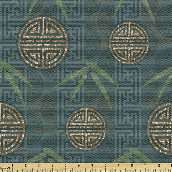 Bamboo Print Upholstery Fabric by the Yard, Style Composition Oriental Motifs Leaves Eastern Elements, Decorative Fabric for DIY and Home Accents, 3 Yards, Teal Ivory Tan by Ambesonne