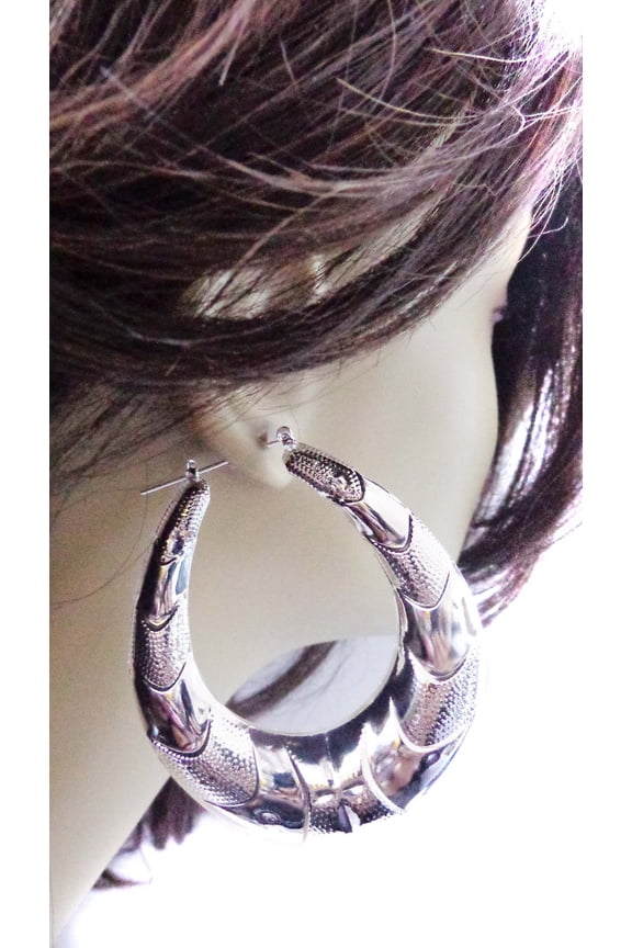 Bamboo Puffed Teardrop Hoop Earrings Silver Tone 3 inch