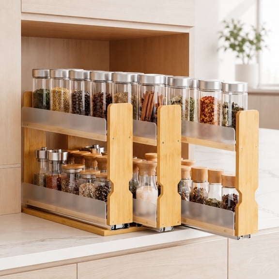Bamboo Pull Out Spice Rack for Cabinet, 2-Tier Spice Rack Organizer for Cabinet with 3 Independent Slide-Out Drawers, 7.6 in Wide, Natural