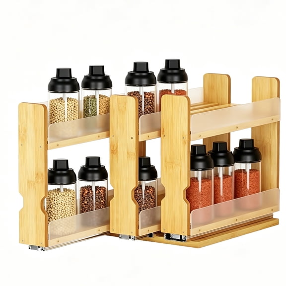 Bamboo Pull Out Spice Rack Organizer for Drawer, 2-Tier Slide Out Cabinet Spice Organizer, Adjustable Kitchen Seasoning Storage, Natural