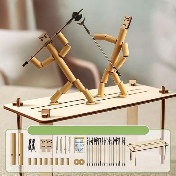 Bamboo Puppet Warriors Interactive Table Game Handmade Wooden Fencing Puppets with Customizable Weapons