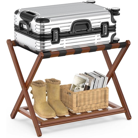 Bamboo Rack for Guest Room, Wide Suitcase Stand with Storage Shelf, Folding Luggage Stand Holder for Bedroom Hotel, 26.77" Thickened Luggage Rack for Suitcases, Brown