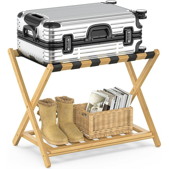 Bamboo Rack for Guest Room, Wide Suitcase Stand with Storage Shelf, Folding Luggage Stand Holder for Bedroom Hotel, 26.77" Thickened Luggage Rack for Suitcases, Natural