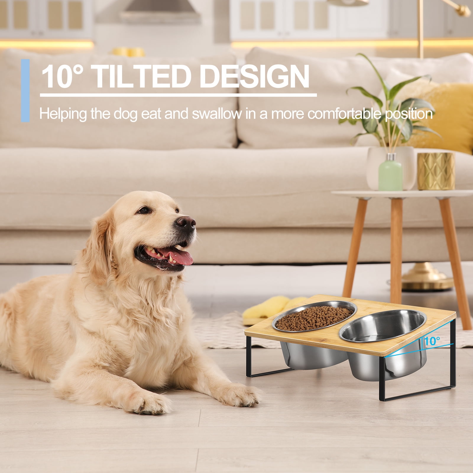 Bamboo Raised Dog Bowls 2 Pack with 10° Tilt, Elevated Pet Feeder Stand with 62.2oz Stainless Steel Bowls for Medium & Large Dogs or Cats