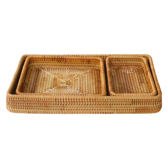 Bamboo Rattan Woven Storage Baskets,Rectangular Fruit Bread Trays,Wicker Woven Baskets for Home Decor,Multifunctional Storage Baskets for Organizing Tabletop Bathroom Kitchen,3pcs,(L+M+S)