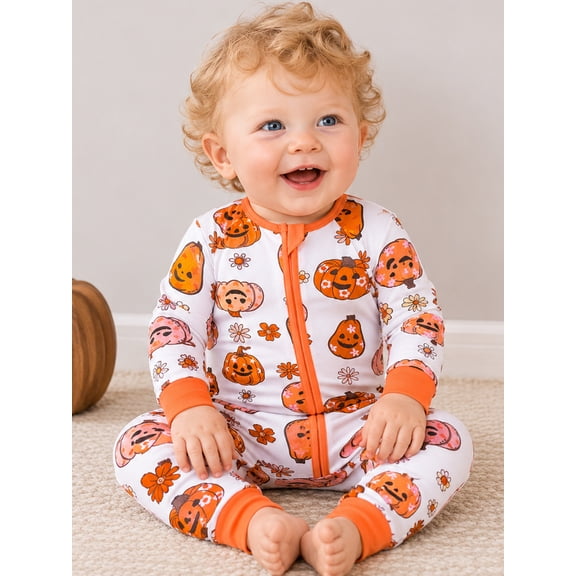 Bamboo_Rayon Halloween Pumpkin & Floral All_Over Print Baby Zipper One_Piece Romper, Long_Sleeve Footed Jumpsuit for Newborns & Infants, Unisex Baby Outfit