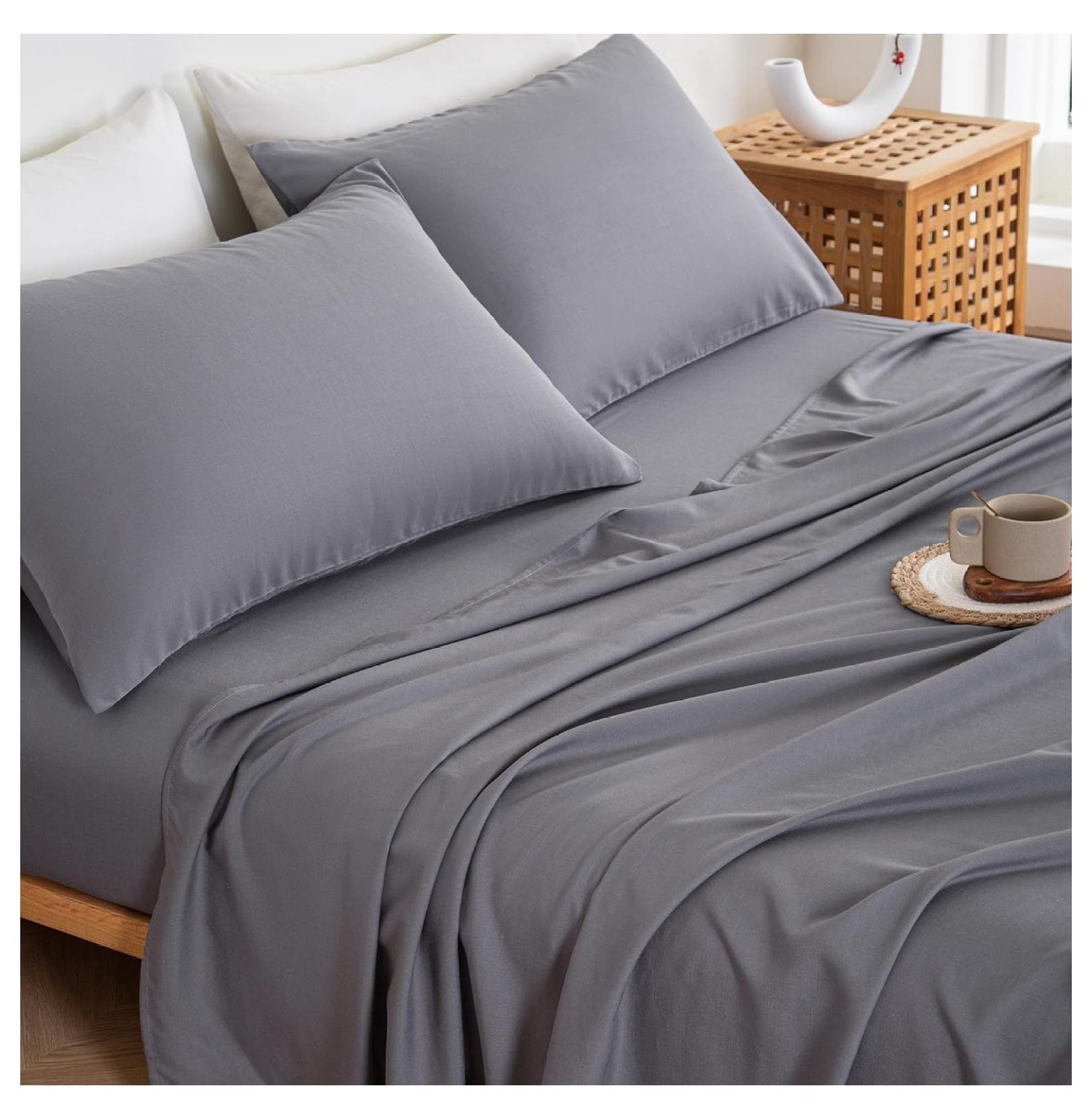 Bamboo Rayon, Linen Blend Sheets Queen Size, Cooling Sheets Queen for Hot Sleepers, Soft