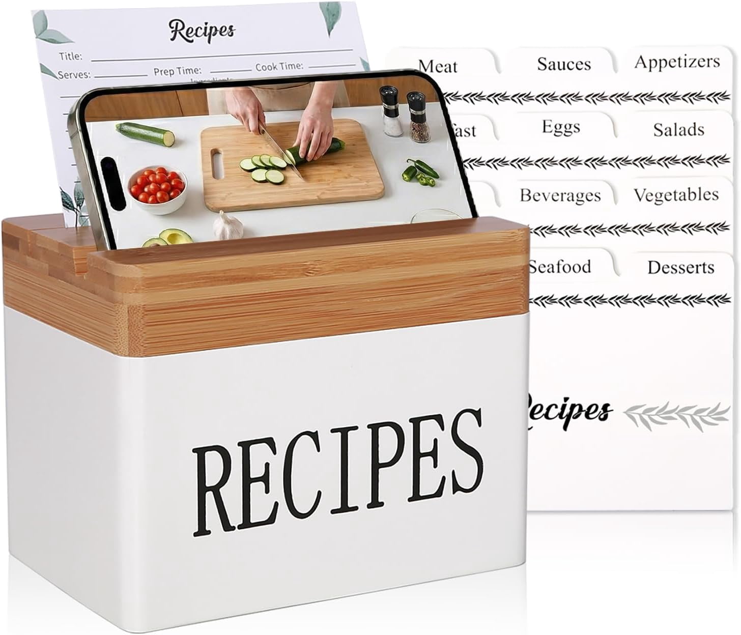 Bamboo Recipe Box, Includes 50 4x6 Cards & 24 Dividers | 2-Compartment ...