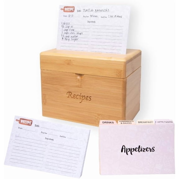 Bamboo Recipe Box with Cards and Dividers - Elegant Recipe Cards and Box Set Includes 50 Card 4x6 and 8 Category Dividers (Pastel)