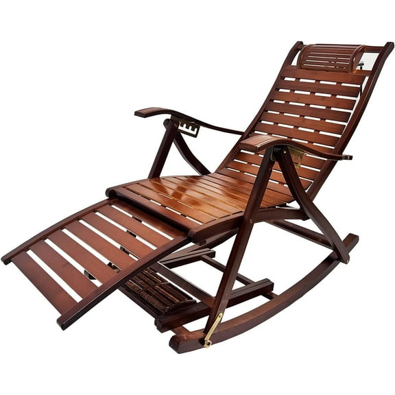 Bamboo Reclining Rocking Chair - 5-Position Adjustable w/Foldable Leg Massager, 300lb Capacity, Indoor/Outdoor Lounge Chair - Removable Cushion & Portable Design