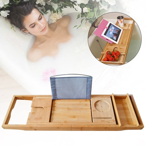 8.82lbs Load-bearing Bamboo Bathtub Tray 75-109cm Expandable Bath Tray for Wine Glasses Cell Phones Tablets