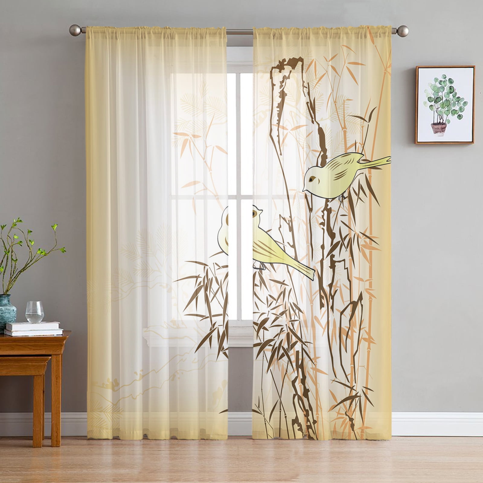 Bamboo Retro Shabby Plant Sheer Curtains for Living Room Kitchen Window