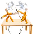 thumbnail image 1 of Bamboo Battle Robots Toy Set – 8-in-1 DIY Fighting Arena Kit with 2 Pull-Control Bamboo Men, Weapons, Balloons, Stickers, and Wooden Stage – STEM Game Gift for Kids & Family, 1 of 6