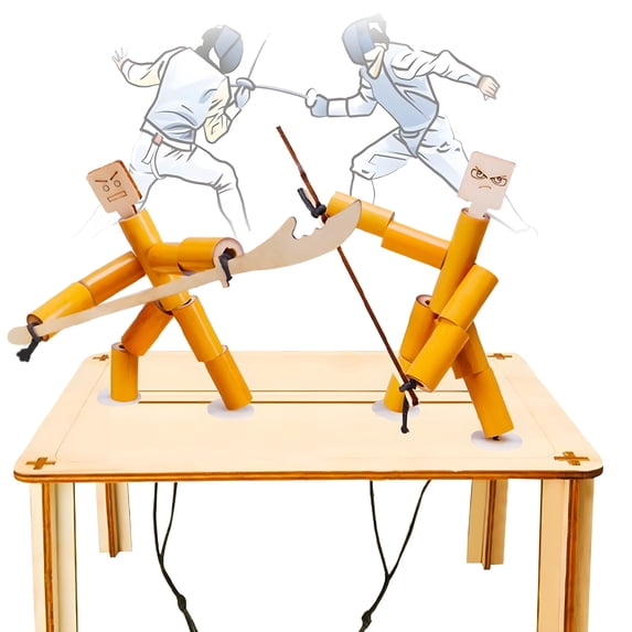Bamboo Battle Robots Toy Set – 8-in-1 DIY Fighting Arena Kit with 2 Pull-Control Bamboo Men, Weapons, Balloons, Stickers, and Wooden Stage – STEM Game Gift for Kids & Family