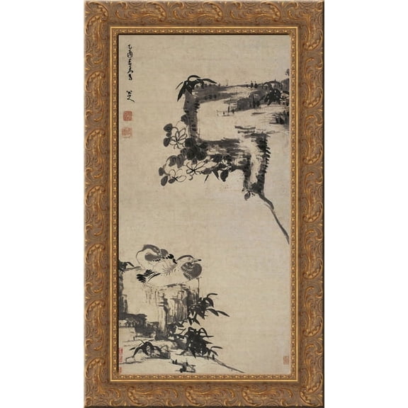 Bamboo, Rock, and Mandarin Ducks 24x16 Gold Ornate Wood Framed Canvas Art by Bada Shanren