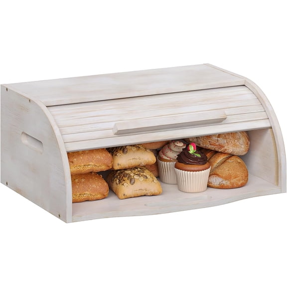 Bamboo Roll Top Bread Box for Kitchen Countertop Large Capacity Bread Storage Bin Wooden Bread Storage Organizer Natural Breadbox for Food Storage (Antique white)