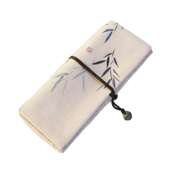 Bamboo Roll up Pencil Case Cosmetic Pencil Pouch Linen Pen Case Purse Bag