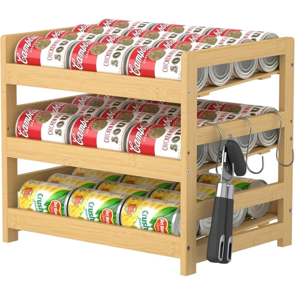 Bamboo Rolling Can Organizer for Pantry, Stackable 3 Tier Canned Food Storage Rack for Kitchen Can Storage Organizer Set with Can Opener & Hooks for Cabinet & Countertop, Holds up to 36 Cans