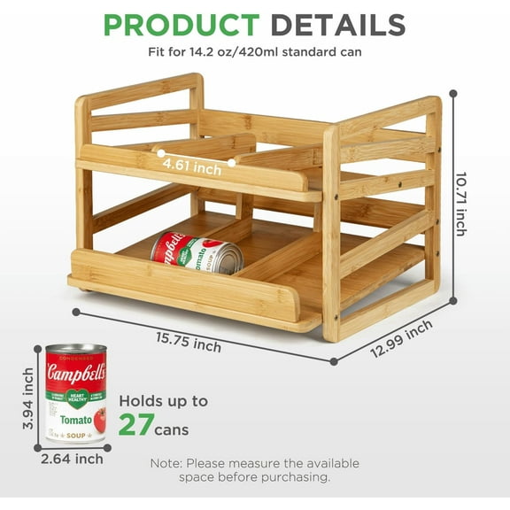 Bamboo Rolling Can Organizer Rack, Stackable 2 Tier Canned Food Storage for Kitchen Pantry
