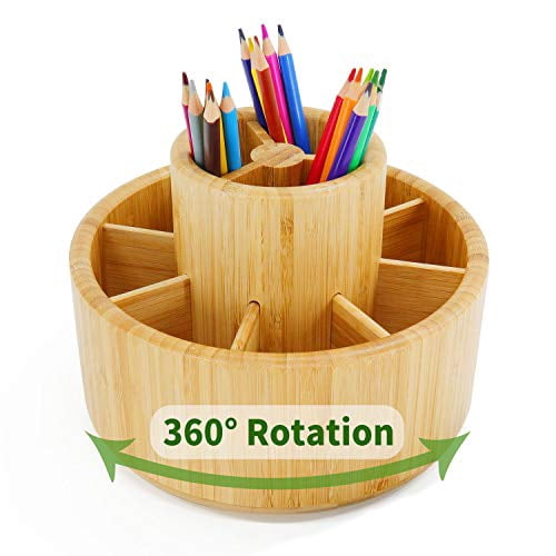 Bamboo Rotating Art Supply Desk Organizer,Pencil Holder Organizer, Desktop Storage Caddy for Pen,Colored Pencil,Crayon,Paint Brushes,360 Degree Spinning,Works in Classroom,Art Studio&Office