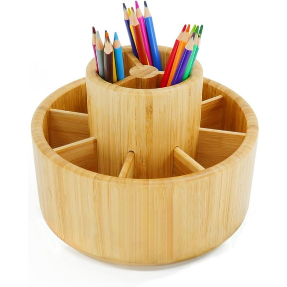 Bamboo Rotating Art Supply Desk Organizer, Pencil Holder Organizer, Desktop Storage Caddy for Pen, Colored Pencil, Crayon, Paint Brushes, Art Studio&Office