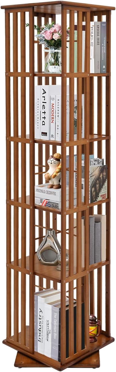 Bamboo Rotating Bookshelf, 5-Tier Floor Standing Book Storage Display ...