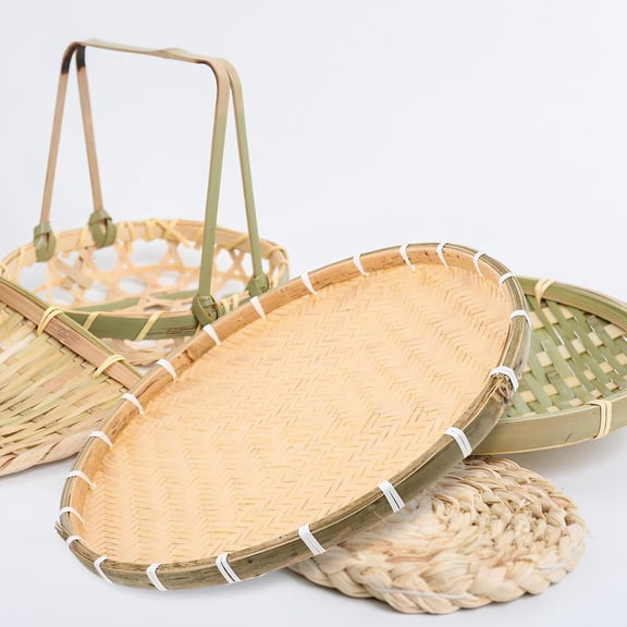Bamboo Round Woven Tray 16.53X16.53X1.18In Handmade Basket Food Container for Drying Herbs Grains Vegetables Home Kitchen Serving