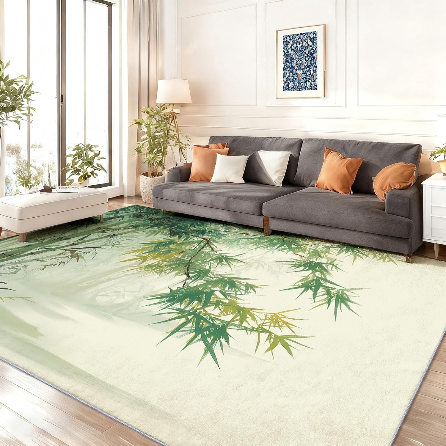 Bamboo Rug, Green Bamboo Leaves Area Rugs for Bedroom, Ink Painting ...
