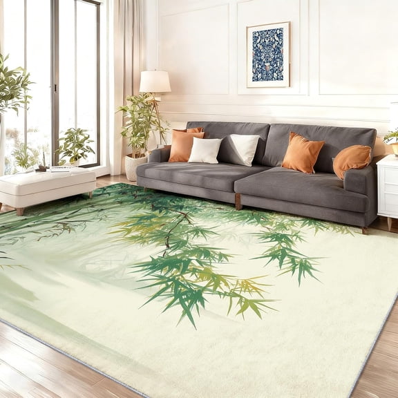 Bamboo Rug, Green Bamboo Leaves Area Rugs for Bedroom, Ink Painting Rugs for Living Room, Art Washable Mat, Zen Carpet Leaves Home Decor-5' x 8'