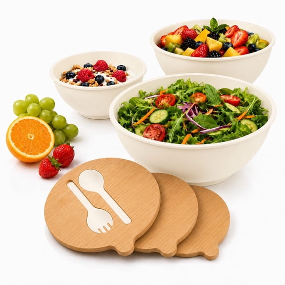 Bamboo Salad Bowl Set, Set of 3 -10/8/6 inch Bowls, Leakproof, Large, White