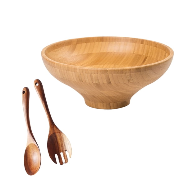 Bamboo Salad Bowl With Spoon Fork,9.6inch Wood Serving Bowls For Fruits,Salad-Primary color