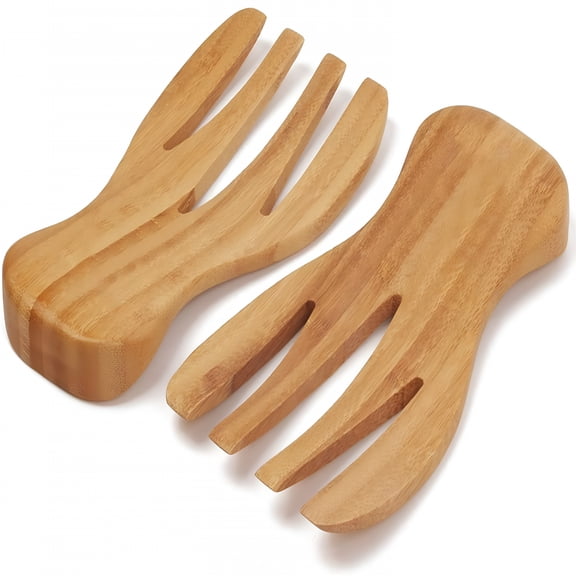 Bamboo Salad Hands Tossers, Eco-Friendly Wooden Salad Servers and Tongs, Natural Kitchen Helper for Tossing Greens, Serving, Mixing, Buffet and Outdoor Gatherings, Pack of 2