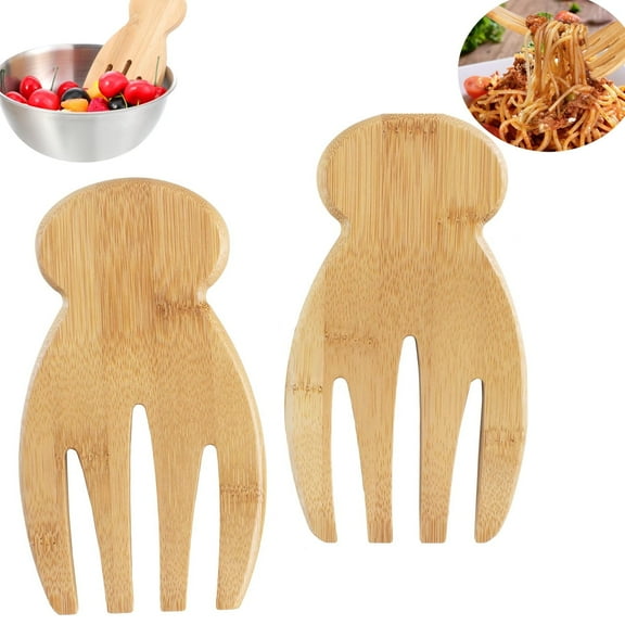 Bamboo Salad Hands,Tutuviw 2Pcs 7in Bamboo Salad Server,Bamboo Kitchen Helper With Smooth Surface by Hand Grinding,Forks for Cooking,Salad Claws Set for Serving Salad,Pasta,Fruit on Your Kitchen