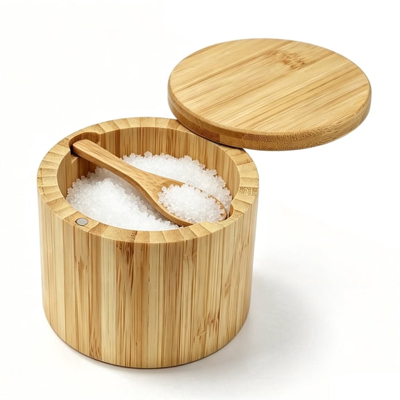dykaae Bamboo Salt Box with Lid and Spoon, Salt Container Spice Cellars Round Salt Cellar, Kitchen Salt Container Holder for Storing Salt Pepper Sugar Spice