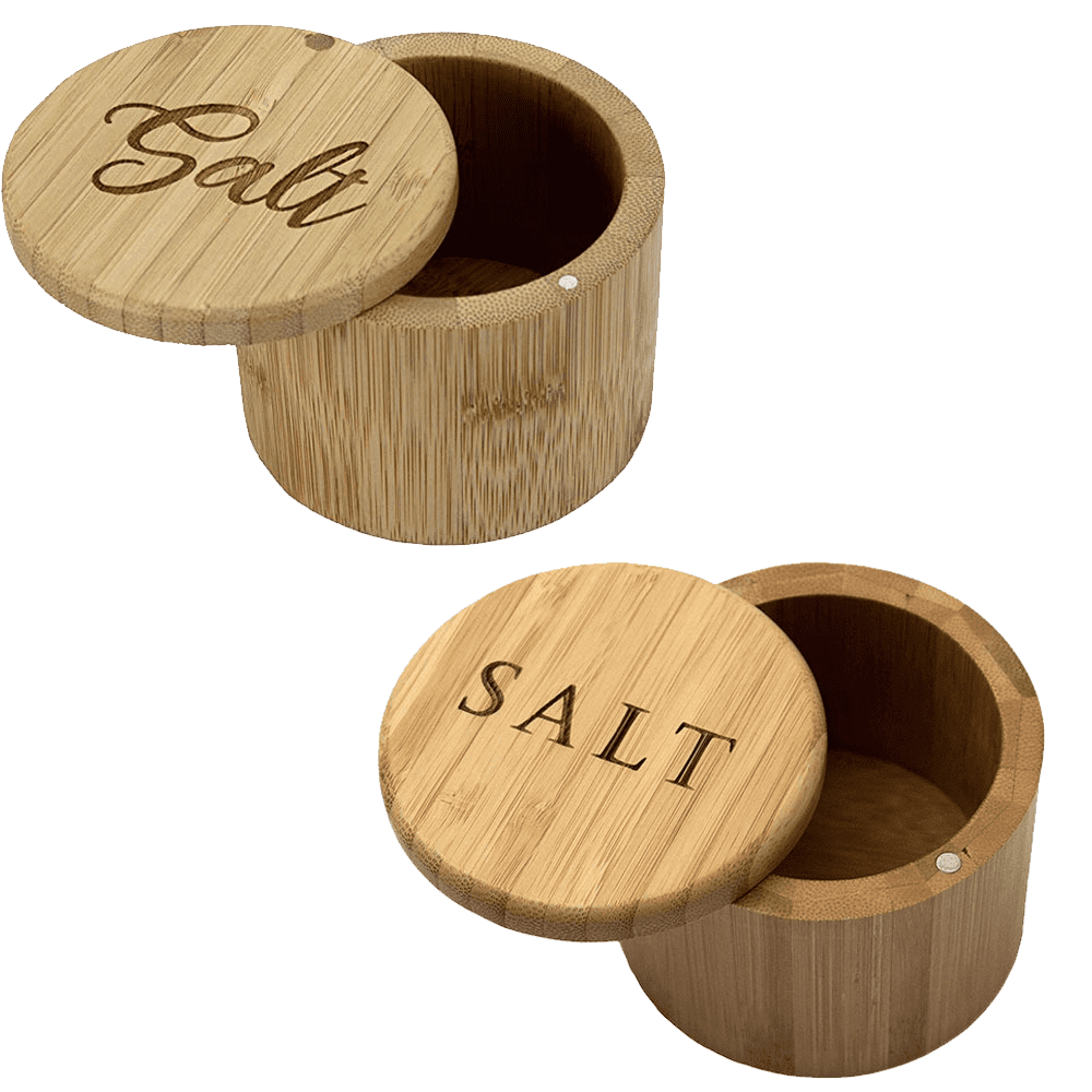 Bamboo Salt Cellar With Spoon By HTB, Kitchen Spice Containers With Magnetic Swivel Lids 2 Seasoning Containers Set Engraved With S And P
