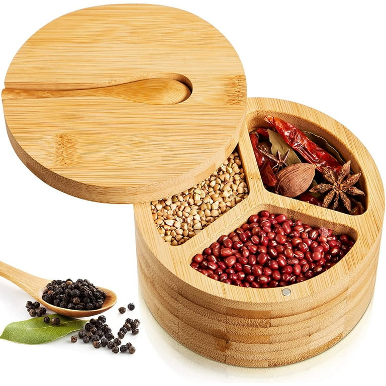 Bamboo Salt Box with Spoon 3 Compartment Spice Seasoning Storage