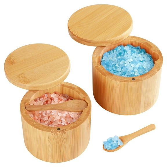 2Pcs Bamboo Salt Cellar Spice Box with Swivel Lid & Spoon, Bamboo Storage Box Salt Container to Storage Pepper, Table Salt, Gourmet Salts, Spice, Sugar