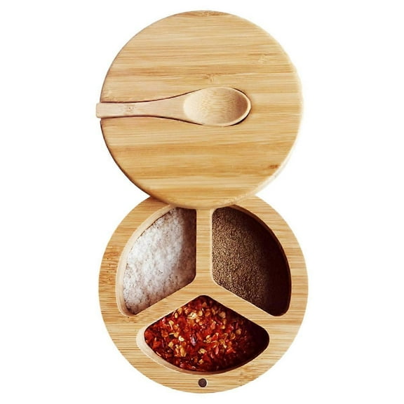 Bamboo Salt Cellar - 3-Compartment Salt and Pepper Bowls with Swivel Lid and Built-in Spoon - Seasoning Containers with Magnetic Lid