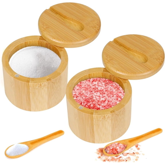 Bamboo Salt Cellar, 3PCS Salt Container with Built-in Spoon, Salt Box Bowl with Magnetic Swivel Lid, Elegant Kitchen Salt Holder Saver Jar to Storage Pepper Spice Sea Salt for Countertop primary