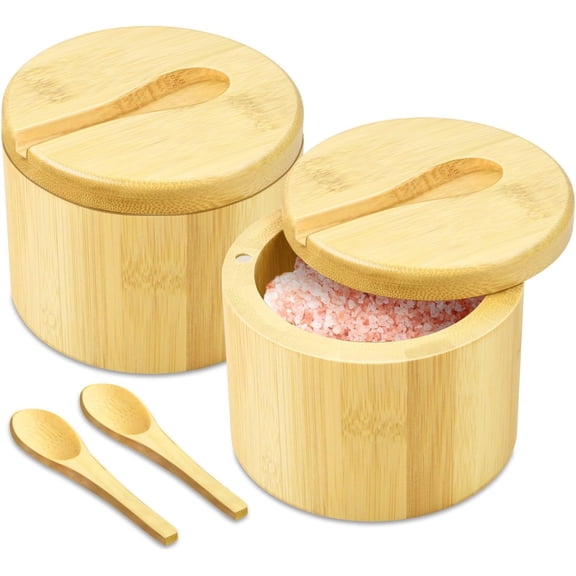 Bamboo Salt Cellar with Lid and Spoon - Salt and Pepper Containers for Paprika, Herbs, Spice, Sugar - Bamboo Pepper Jar Storage Box Holder w/Magnetic Swivel Lid for Kitchen, 6 oz (Set of 2)