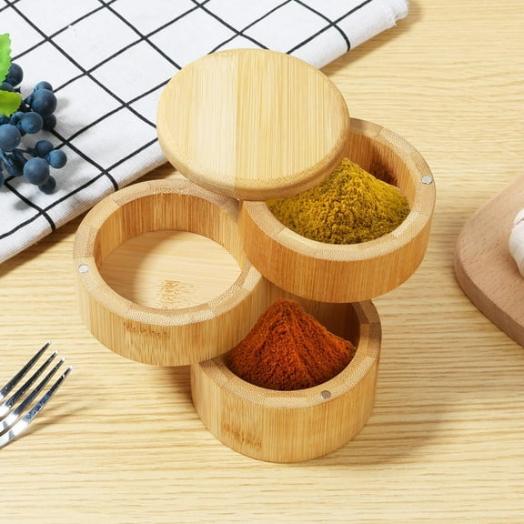 Bamboo Salt Cellar with Magnetic Lid, 3-Layer Storage Box for Spices & Seasonings, Large Capacity