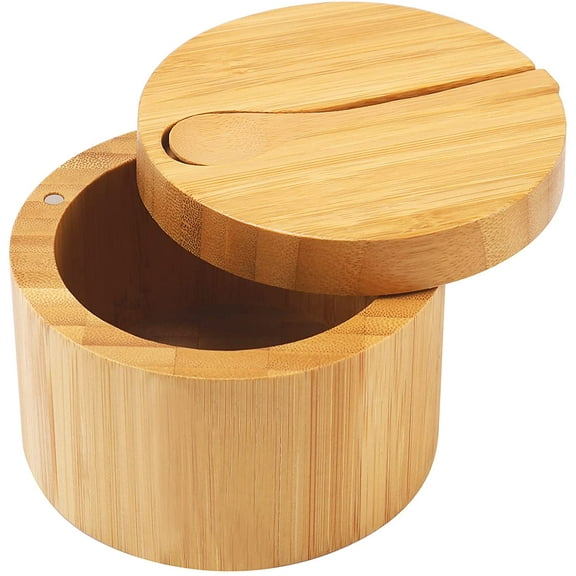 Bamboo Salt Cellar with Mini Spoon, Round Salt Container to Storage Pepper, Table Salt, Gourmet Salts, Spice, Sugar