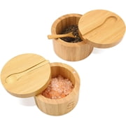 Bamboo Salt Cellar with Spoon by HTB, Kitchen Spice Containers with Magnetic Swivel Lids, 2 Seasoning Containers Set Engraved with S and P