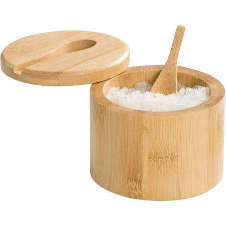 Bamboo Salt Cellar Bowl Box Container with Built-in Spoon, Kitchen Salt Box with Swivel Magnetic Closure Lid for Storing Salt Pepper Sugar Herbs Small Spice Box