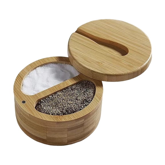 Bamboo Salt Shaker Seasoning Box with Magnetic Lock Twist Lid Built-in Salt Scoop for Sugar Pepper Spices Salt Container for Kitchen Organization