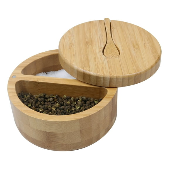 Bamboo Salt and Pepper Bowls by HTB, Divided Salt Cellar With Swivel Lid and Spoon