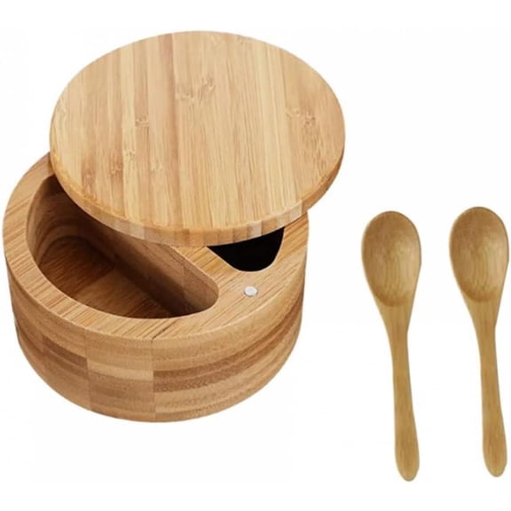 Bamboo Salt and Pepper Separated Jars, 2-Compartment Salt and Pepper Container With Lids and 2 Spoons,1 Set