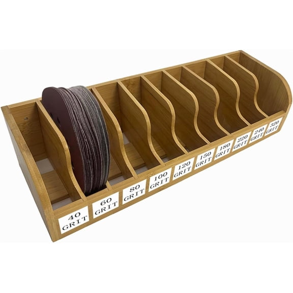 Bamboo Sandpaper Holder & Organizer - Pre-Assembled Storage for 6 Inch Sanding Discs, Sanding Blocks & Saw Blades | Compact & Durable Woodworking Tool Accessory (10 bins)